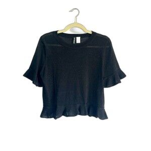 Divided H&M Black Ruffle Hem Sheer Short Sleeve Crop Top Size M Coquette Y2K
